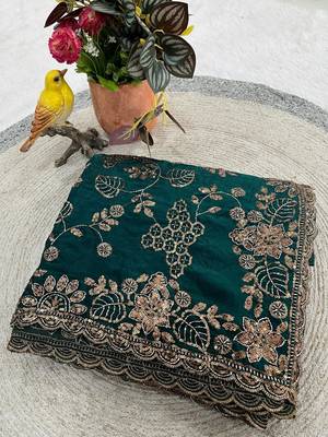 Emerald Color Beads With Copper Sequins Work Satin Silk Saree 5