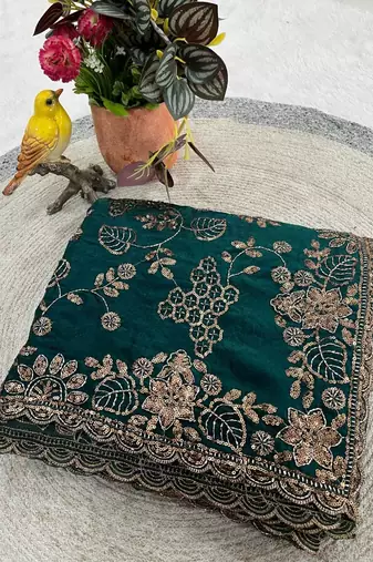 Emerald Color Beads With Copper Sequins Work Satin Silk Saree