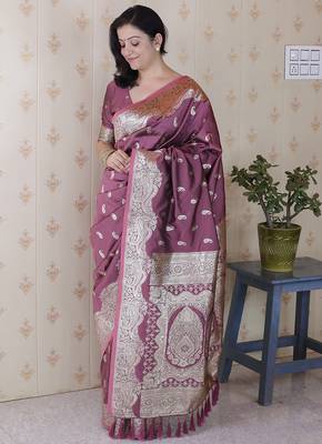 Dark mauve woven self design silk blend banarasi saree with blouse 3