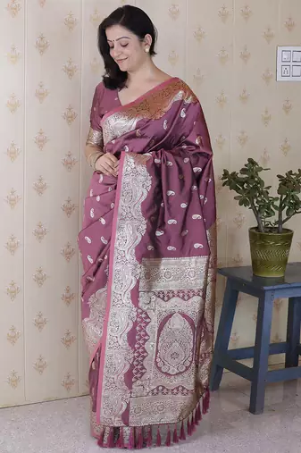 Dark mauve woven self design pure silk banarasi saree with blouse