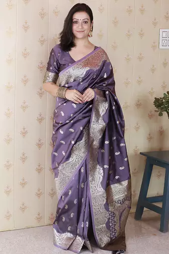 Lavender woven self design pure silk banarasi saree with blouse
