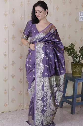 Lavender woven self design pure silk banarasi saree with blouse