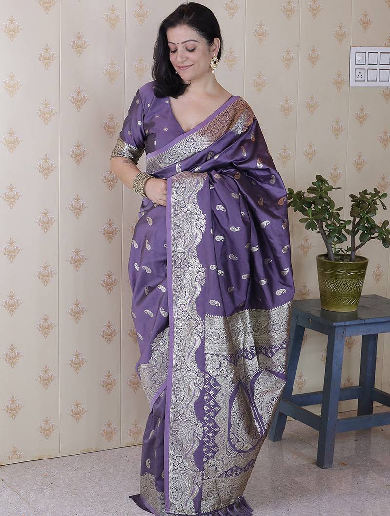 Lavender woven self design pure silk banarasi saree with blouse