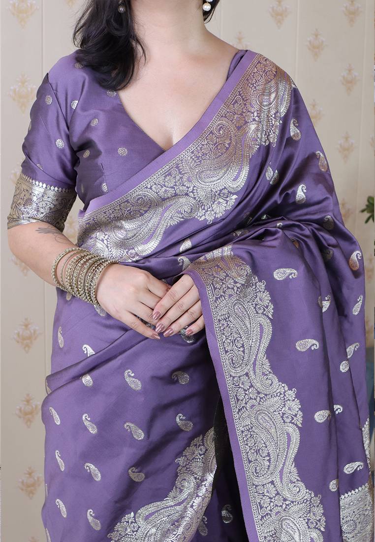 Lavender woven self design pure silk banarasi saree with blouse