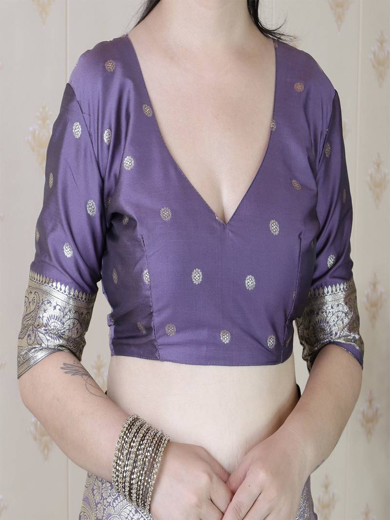 Lavender woven self design pure silk banarasi saree with blouse