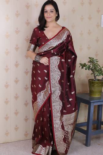 Maroon woven self design pure silk banarasi saree with blouse