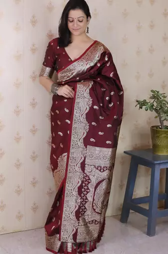 Maroon woven self design pure silk banarasi saree with blouse