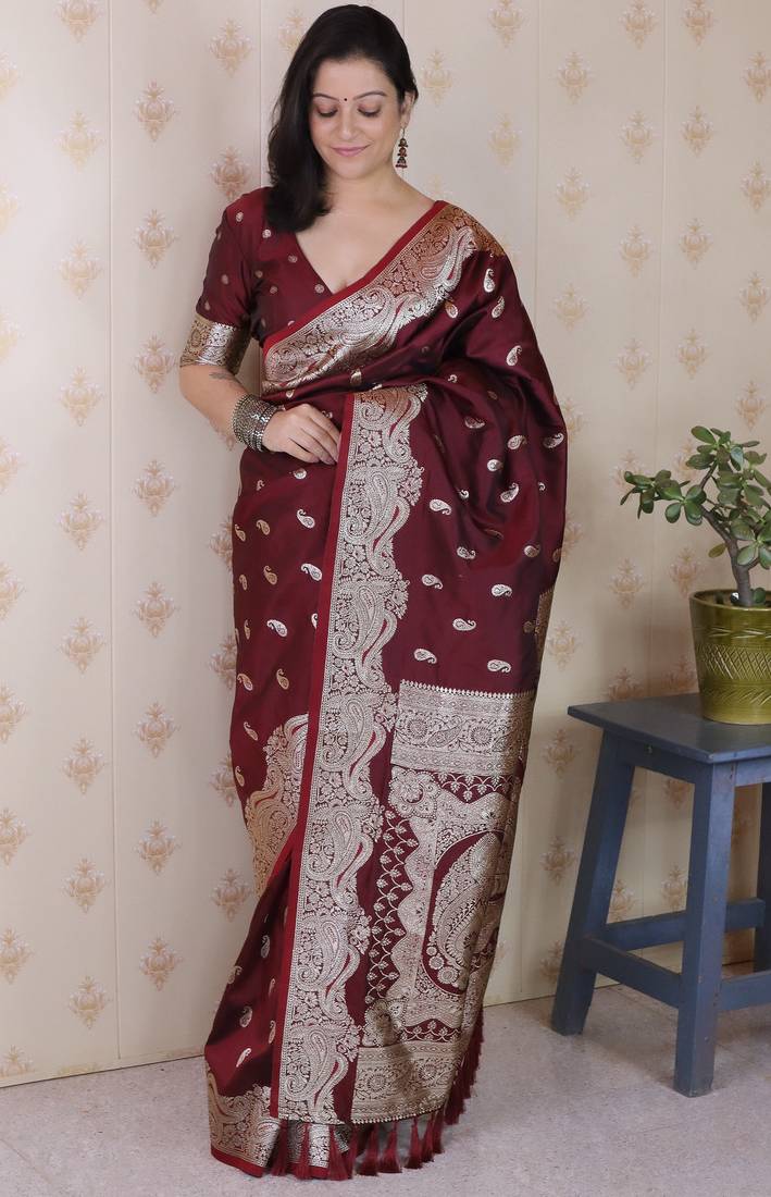 Maroon woven self design pure silk banarasi saree with blouse