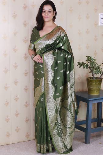 Mehendi woven self design pure silk banarasi saree with blouse