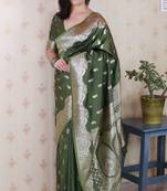 Mehendi woven self design pure silk banarasi saree with blouse