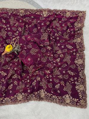 Plum Color Beads With Copper Sequins Work Satin Silk Saree 1