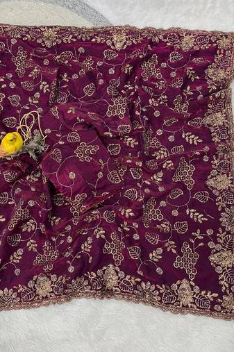 Plum Color Beads With Copper Sequins Work Satin Silk Saree