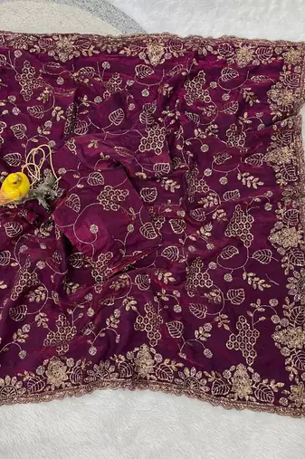 Plum Color Beads With Copper Sequins Work Satin Silk Saree