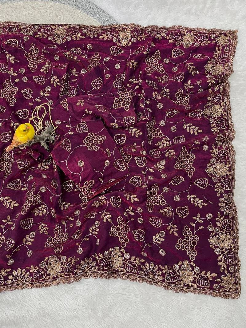 Plum Color Beads With Copper Sequins Work Satin Silk Saree