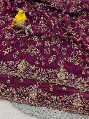 Plum Color Beads With Copper Sequins Work Satin Silk Saree 2