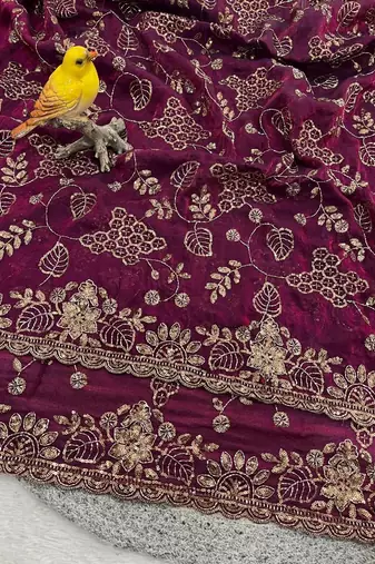 Plum Color Beads With Copper Sequins Work Satin Silk Saree