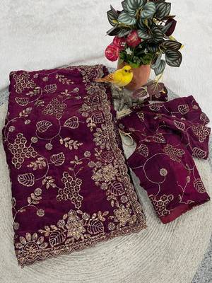 Plum Color Beads With Copper Sequins Work Satin Silk Saree 3