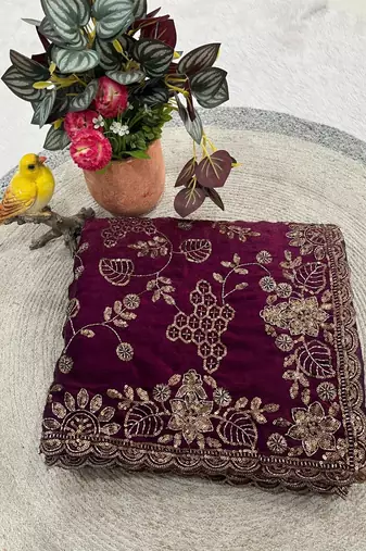 Plum Color Beads With Copper Sequins Work Satin Silk Saree