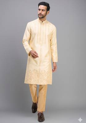 fawn silk kurta pant set with embroidery design 4