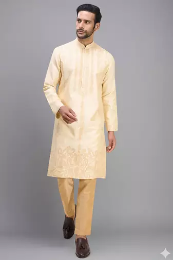 fawn silk kurta pant set with embroidery design
