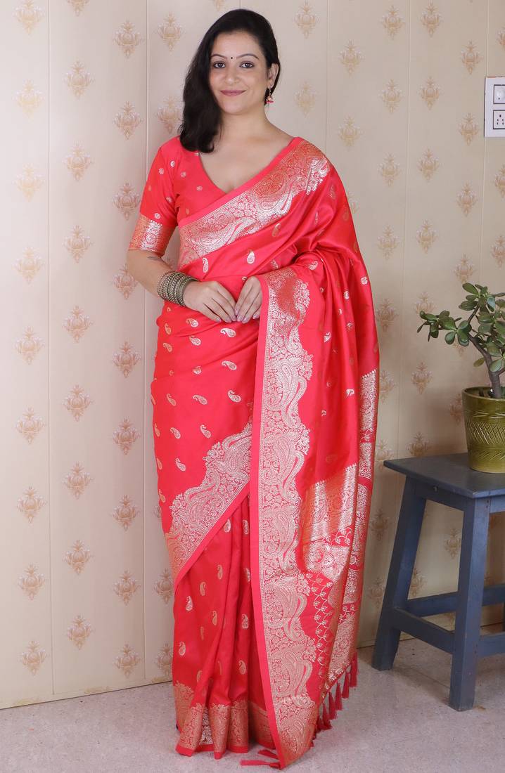Pink woven self design pure silk banarasi saree with blouse