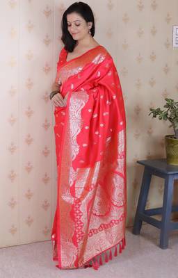 Pink woven self design silk blend banarasi saree with blouse 3