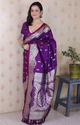 Purple woven self design silk blend banarasi saree with blouse 1