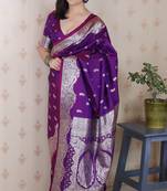 Purple woven self design pure silk banarasi saree with blouse