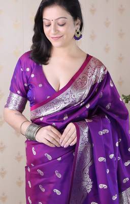 Purple woven self design silk blend banarasi saree with blouse 2