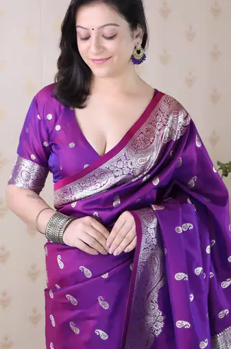 Purple woven self design pure silk banarasi saree with blouse