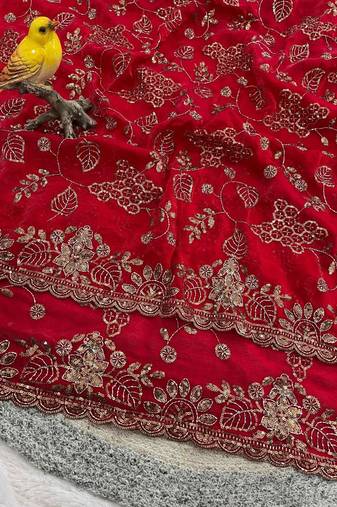 Red Color Beads With Copper Sequins Work Satin Silk Saree