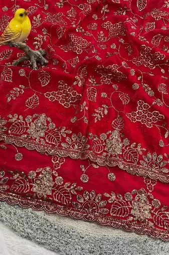 Red Color Beads With Copper Sequins Work Satin Silk Saree