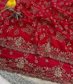 Red Color Beads With Copper Sequins Work Satin Silk Saree