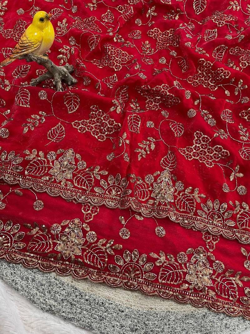 Red Color Beads With Copper Sequins Work Satin Silk Saree
