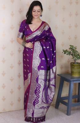 Purple woven self design silk blend banarasi saree with blouse 3