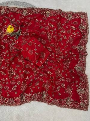 Red Color Beads With Copper Sequins Work Satin Silk Saree 2