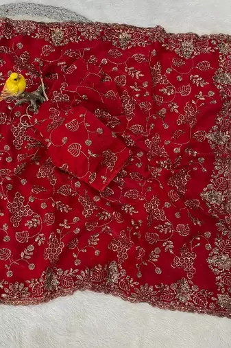 Red Color Beads With Copper Sequins Work Satin Silk Saree