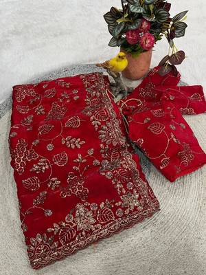 Red Color Beads With Copper Sequins Work Satin Silk Saree 3