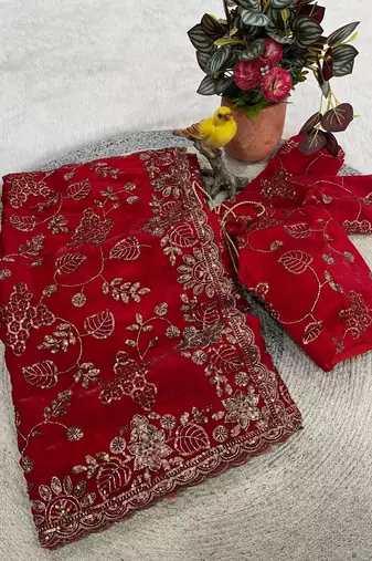 Red Color Beads With Copper Sequins Work Satin Silk Saree