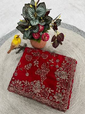 Red Color Beads With Copper Sequins Work Satin Silk Saree 4