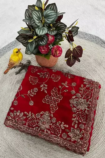 Red Color Beads With Copper Sequins Work Satin Silk Saree