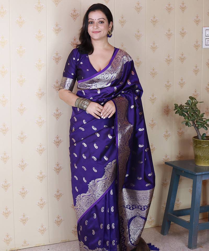 Violet woven self design pure silk banarasi saree with blouse