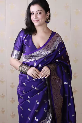 Violet woven self design pure silk banarasi saree with blouse