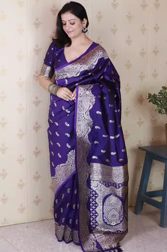 Violet woven self design pure silk banarasi saree with blouse