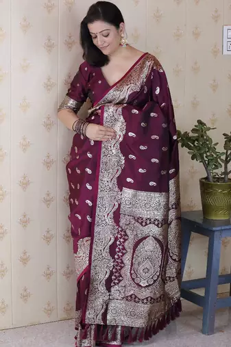 Wine woven self design pure silk banarasi saree with blouse