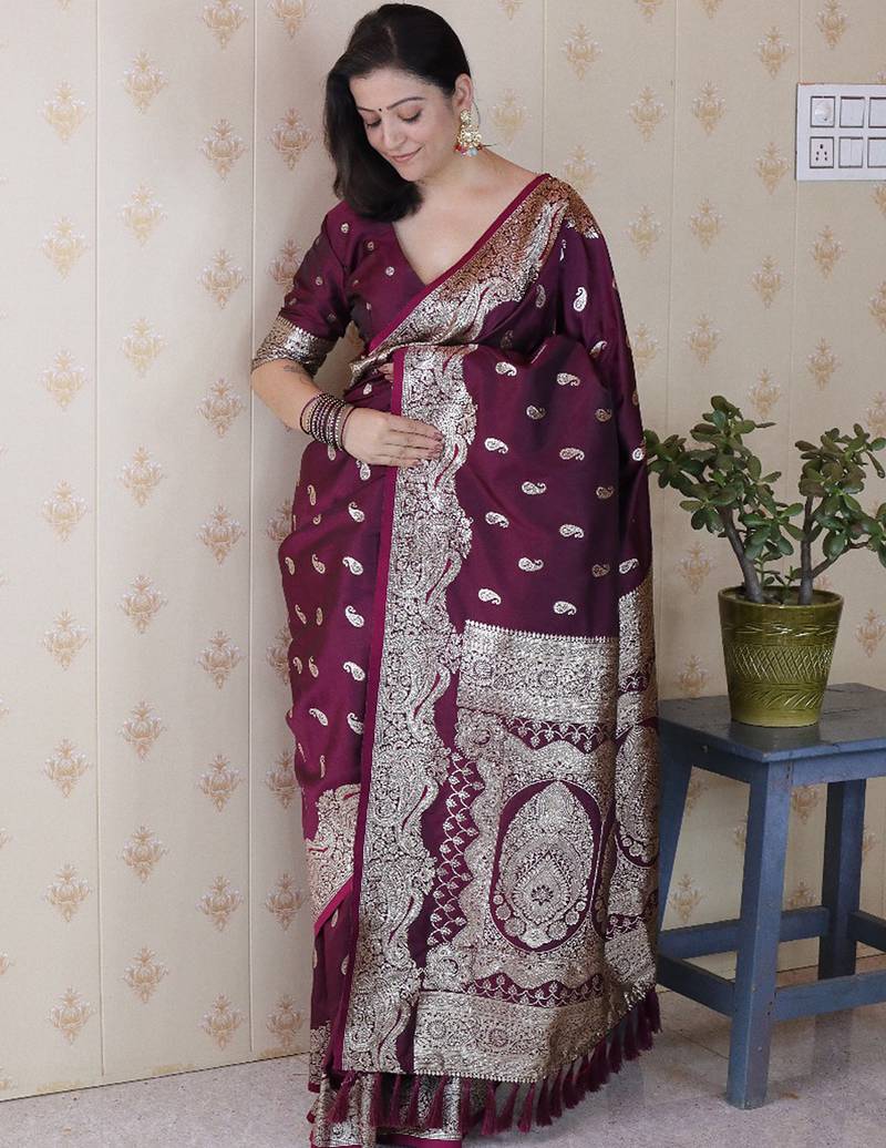 Wine woven self design pure silk banarasi saree with blouse