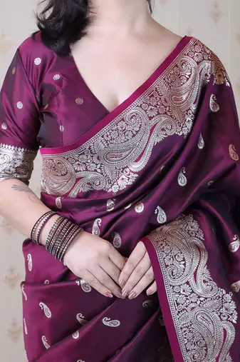 Wine woven self design pure silk banarasi saree with blouse