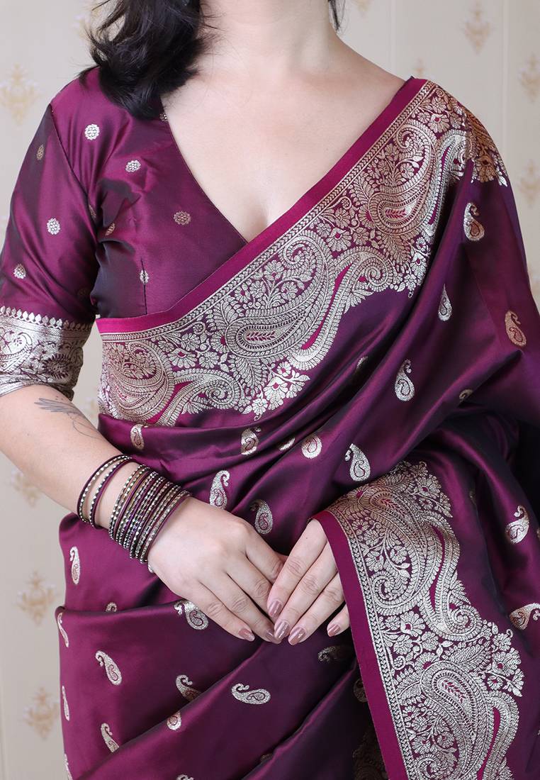 Wine woven self design pure silk banarasi saree with blouse