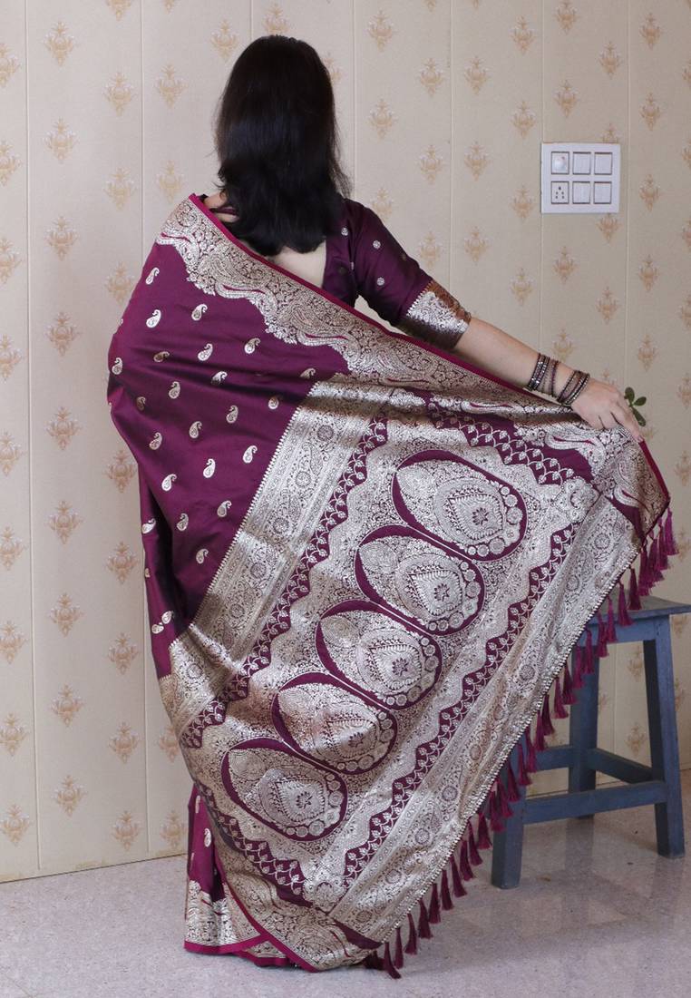 Wine woven self design pure silk banarasi saree with blouse
