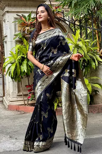 Black woven self design pure silk banarasi saree with blouse